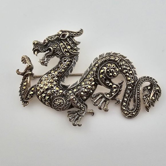 Vintage Dragon Silver Marcasite Pin w/ Ruby Eye - Picture 1 of 13